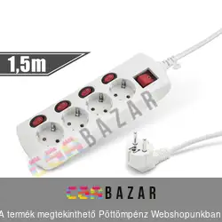 Hálózati elosztó 4 aljzattal, kapcsolókkal, túláram védelemmel 1,5m