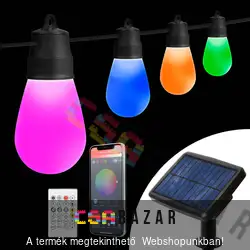Szolár ledes fényfüzér 15 db RGB LED - 6,5 m - bluetooth kapcsolattal